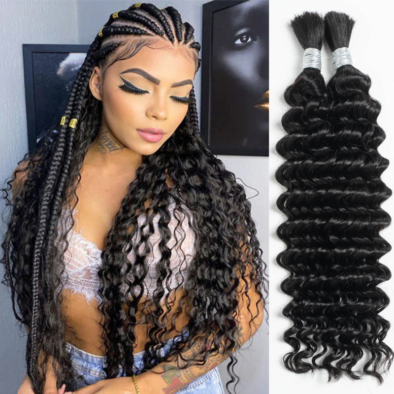 [Style Icon] Human Hair Deep Wave Bulk Hair Extensions for Boho Knotless Braiding 95g/pack